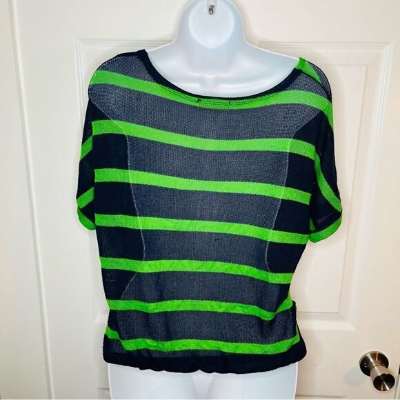 Chris & Carol Open Knit Dolman Short Sleeve Green Stripe Sweater Navy Blue S - Picture 6 of 11